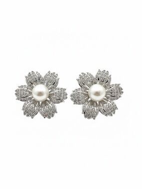 SILVER FLORAL PEARL CZ EARRINGS